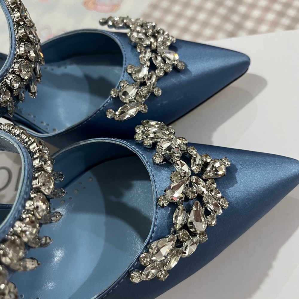 Manolo Blahnik Blue Satin Crystal-Embellished Pointed Toe Mules - Picture 3 of 8
